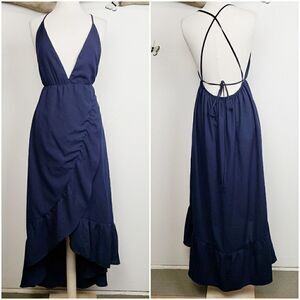 Day and night navy ruffled hi low halter dress